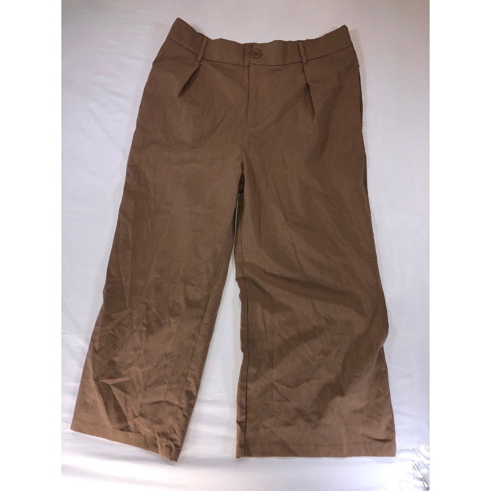 Design In Italy Brown Wide Leg Pleated Trousers Elastic Waist Size L Short